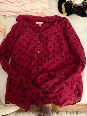 J. Crew Red Bow-Print Button Front Blouse